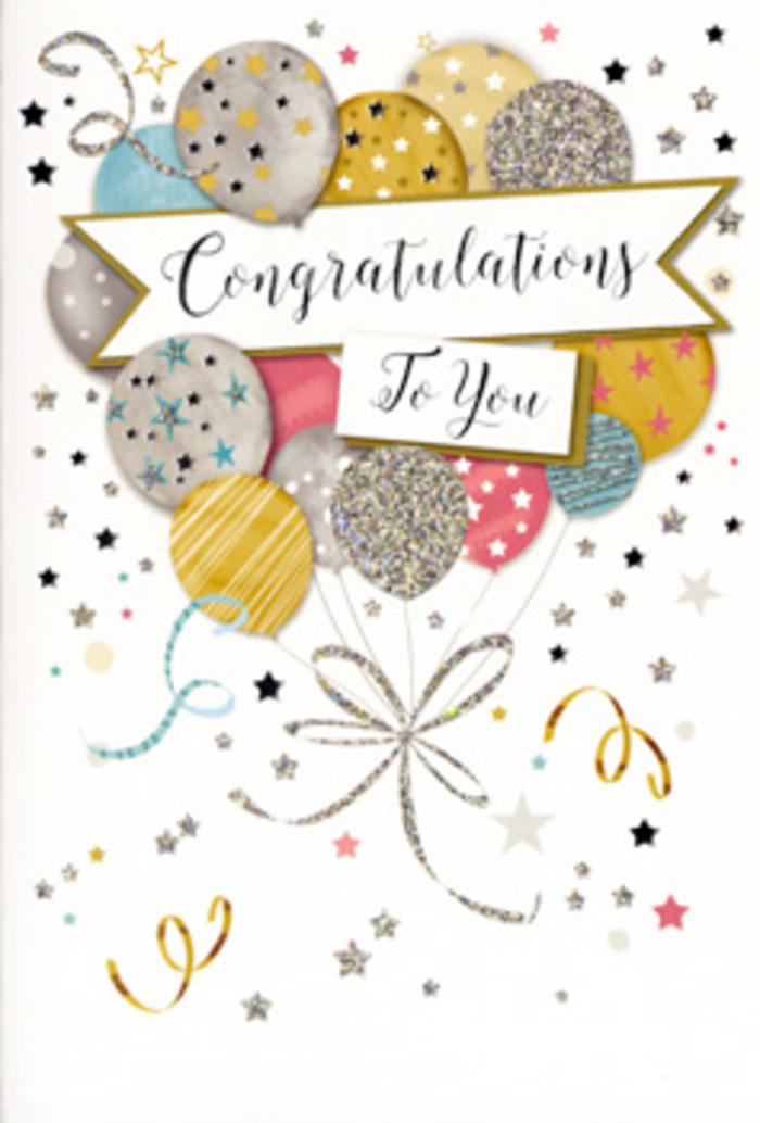 In this detailed scene, a congratulations card rests open as if waiting beside a freshly delivered bouquet in a Kings Cross flat. The card's design is dominated by a generous bouquet of balloons, gathered in an artful, slightly asymmetrical arrangement that mirrors the natural flow of a hand-tied bunch of flowers. Each balloon stands out with a distinct personality: some glow warmly in champagne and soft gold, others gleam coolly in silver, while gentle tones of sky blue, blush pink, and subtle grey add a contemporary softness. Across their rounded surfaces, intricate metallic details shimmer-slim vertical stripes, clusters of tiny stars, and fine confetti-like dots-creating the illusion of raised glitter and foil stamping that would catch and reflect the light as the card is turned in the hand. From the bottom of this airy bouquet, slender ribbons drift downward in loose curls of gold and silver, intertwining and looping as if guided by a faint indoor breeze near an open Kings Cross window. Centered within the design, a ribbon-like banner glides across the balloons, carrying the phrase Congratulations To You in graceful, flowing script that feels personal, yet polished enough for professional achievements. The background remains soft and unobtrusive, scattered with small metallic stars and delicate ribbon swirls, reminiscent of confetti settling slowly after a heartfelt toast on nearby Granary Square or in a cosy café around St Pancras. The overall mood is one of light, refined celebration-a card that strikes the right balance between joy and sophistication, perfect to accompany flowers for graduations, promotions, and any significant moment in and around Kings Cross where you want your pride to be clearly, beautifully expressed.