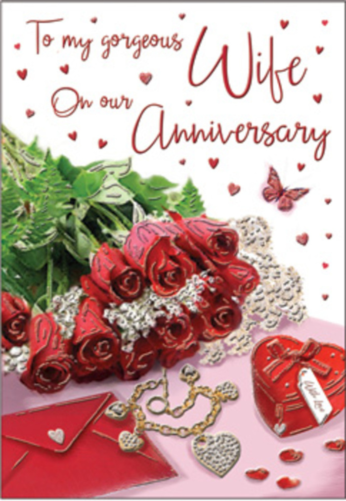 An evocative anniversary tableau unfolds with a bouquet of classic red roses stealing the spotlight, much like a window display along the streets near Kings Cross. Each bloom is luxuriously full, its petals layered thickly and curling into a rich, velvety spiral of crimson. Around them, lush green foliage fans out and dips between the flowers, bringing depth, texture, and a sense of natural abundance. The roses and greens appear to rest upon or emerge from an elegantly wrapped base, arranged so that the bouquet rises confidently from the shimmering surface below. Threaded through this scene are romantic accents: whisper-thin lace or lace-like patterns, delicate heart motifs peeking from the corners, and glimmers of gold and red that suggest velvet boxes and treasured jewellery. A vivid red gift box and a matching set of jewellery items-perhaps earrings and a pendant-sit nearby, their shapes simple yet significant, hinting at years of thoughtful presents exchanged between partners. The card's message is rendered in graceful, cursive script, its letters flowing as naturally as spoken words of affection. Soft reflections in the background catch the reds, whites, and golds, lending a gentle, almost cinematic quality to the image. It feels like a romantic moment paused in time, reminiscent of anniversaries celebrated in apartments and townhouses around Kings Cross, where a carefully chosen bouquet and a handwritten card can transform an ordinary evening into something unforgettable. The scene radiates warmth, intimacy, and the enduring comfort of being truly known and cherished.