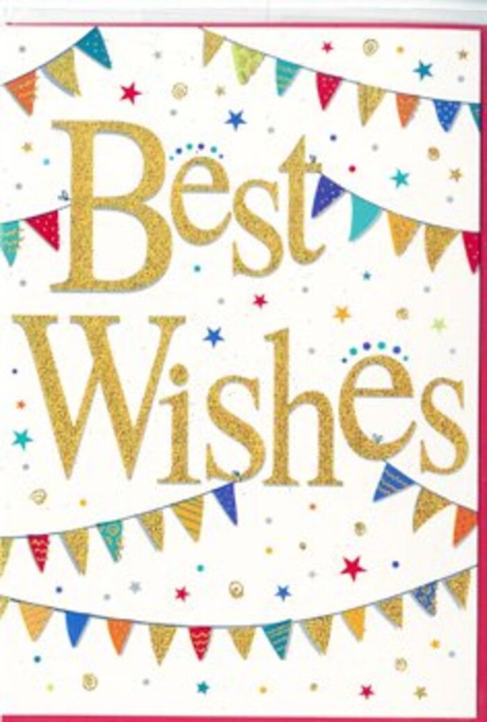 In this image, a Best Wishes card is presented as a visual celebration, combining elegant typography with playful festive details that echo the vibrant spirit of Kings Cross. Dominating the centre, the words Best Wishes are written in a graceful, looping script rendered in metallic gold, with a slightly raised, embossed texture that suggests quality and care. The gold finish catches the light in a soft, diffused way, bringing a gentle radiance similar to the golden reflections you see on the canal on a bright morning near Granary Square. This central greeting stands out against a crisp, white background that keeps the design feeling open and uncluttered. Above and below the text, strings of bunting form gentle arcs, as if strung between rooftops for a local street celebration. Each tiny triangular flag is a pop of colour-rich blues, vivid reds, lively greens, sunny yellows, and softer pastel accents-and many are adorned with simple patterns such as thin stripes, polka dots, or patchwork-like markings. Some flags glimmer subtly, hinting at fine glitter or metallic detailing without overpowering the card. Scattered among the bunting are delicate star shapes and rounded confetti dots in matching tones, spaced so they appear to float in mid-air, adding movement and joy, like confetti tossed during a celebration near Coal Drops Yard. The overall effect is one of upbeat sophistication, cheerful yet polished. It's the ideal kind of card to accompany flowers for a graduation at a nearby university, a new job in one of Kings Cross's modern offices, or any milestone where you want to send encouragement and good fortune. The design feels modern, friendly, and heartfelt, as if it were crafted with an understanding of the everyday celebrations that pass through this busy London hub.