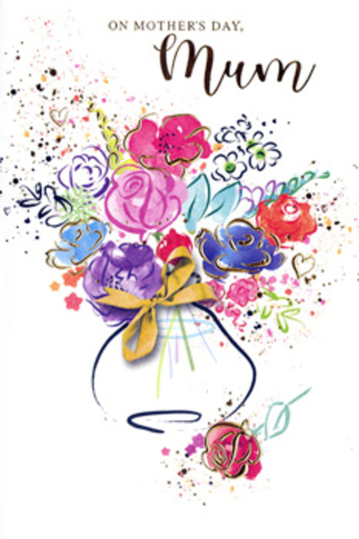 This Mother's Day card features a lively, artistic bouquet that looks as if it could have been sketched during a quiet moment in one of the cafés tucked behind Kings Cross. The central flowers are generous and open, painted in vibrant shades of cerise and magenta pink, with deeper indigo accents that trace the inner curves of each petal, adding a gentle sense of depth. Soft washes of lavender, cornflower blue, and warm apricot drift between the main blooms, giving the arrangement a layered, almost three-dimensional feel, while still keeping the breezy translucence characteristic of watercolour. Thin, glimmering strokes of gold outline some of the petals and leaves, catching the eye like the glow of evening lights reflecting on the Regent's Canal nearby. The bouquet is gathered in a rounded vase that is simply rendered, its pale, neutral tones supporting rather than competing with the flowers, and tied with a slender golden bow that suggests the practiced hands of a local florist completing an arrangement for delivery around Kings Cross, Euston, or Holborn. Surrounding the bouquet, the white background is animated by scattered paint flecks and subtle heart motifs, as if the colour and emotion of the flowers were gently spilling beyond the edges of the vase. The overall effect combines spontaneity with thoughtfulness, evoking both the joy and the tenderness that define Mother's Day. It feels like an intimate, hand-crafted message translated into colour and form, perfect for expressing affection and gratitude to a cherished mum in this energetic central London neighbourhood.