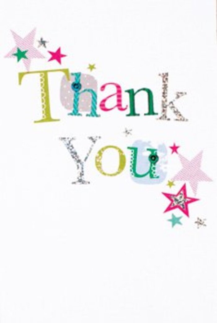 There is a quietly exuberant choreography to this thank-you card that feels at once modern and intimately handmade - the sort of detail I notice often when preparing orders for customers wandering from the nearby Market or coming through King's Cross St. Pancras station. The phrase Thank You is expressed across the card in letters of alternating moods: a lime green glyph bright as spring shoots, a fuchsia curl full of impish energy, and a steady cool blue that calms. Select letters shimmer with a whisper of silver leaf, others are playfully patterned with tiny dots or edged with faux stitching that casts a faint, inviting shadow. Around the message, clusters of small stars in striped pink, deep turquoise and shining silvery-gold orbit the words like well-wishes, giving a celebratory lift that remains airy against the pristine white background. The composition breathes - open margins, balanced color, and the textured interplay of glitter and raised print that you can almost feel under your fingertips. For a florist, the card reads as the perfect finishing touch: its tactile cheer mirrors bright seasonal bouquets we make for thank-you gestures, anniversary surprises or simple neighbourly kindnesses delivered across Battlebridge Basin and the surrounding streets. It evokes a summer evening's easy joy - light, sincere and unmistakably personal - a piece of paper that carries warmth as surely as a tied bunch of fresh blooms.