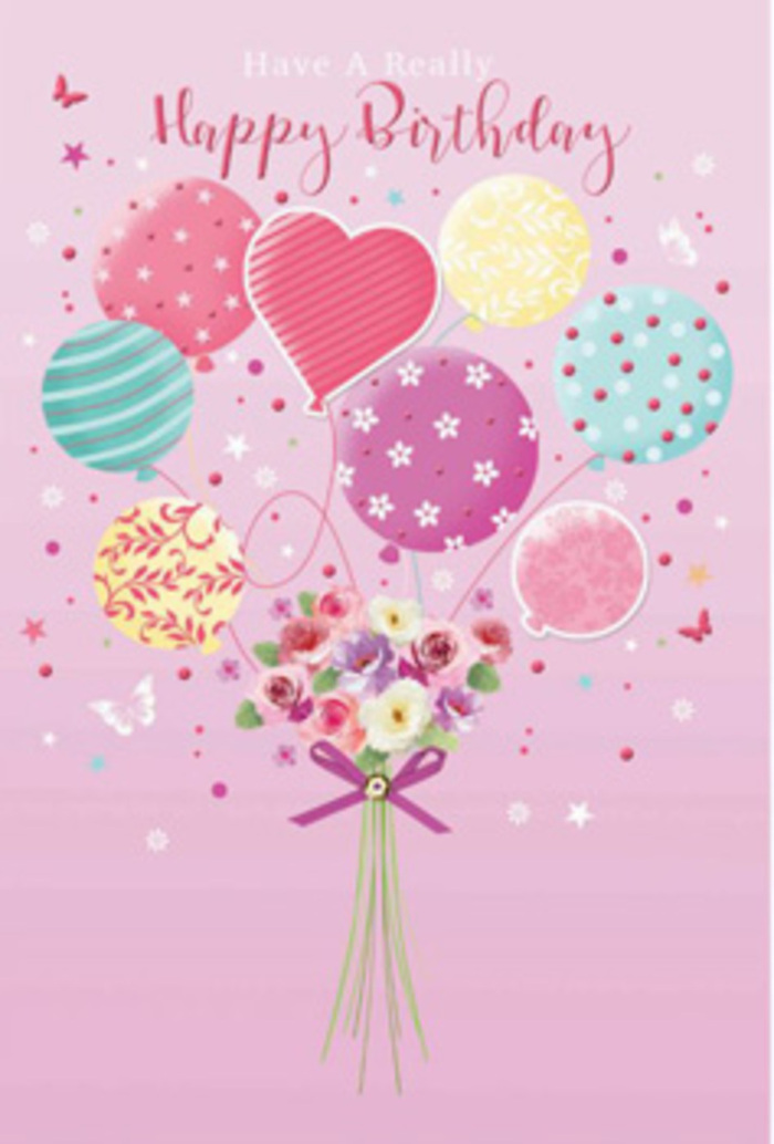 A softly festive birthday scene appears as though floating over the platforms of Kings Cross, where balloons and blooms drift together on a pastel cloud. The background is a warm blush pink that allows the colours to sing: pale sunshine yellow, rosy fuchsia, seafoam, and lavender wash over the balloons, each one patterned with swirling ribbons, delicate spots, or flower-like details that suggest joyful gatherings in the bars and studios around Coal Drops Yard. At the centre, a slightly larger balloon hints at a heart shape, radiating affection and acting as a visual anchor for the design. From this cheerful cluster, a hand-tied bouquet hangs like a small garden suspended in the air. Petite roses, anemone-like blossoms, and daisy-inspired flowers snuggle together, their petals rendered in cream, soft blush, and dusky mauve tones, as if brushed with morning light filtering in from Euston Road. The surface of each petal appears plush and velvety, inviting the imagination to touch, while the stems below are gathered tidily with a narrow purple ribbon bow that gleams slightly, suggesting satin. Tiny stars and butterflies surround the arrangement like gently drifting confetti, adding a whimsical sense of movement that feels right at home amid the creative energy of Kings Cross. The lighting is gentle and even, casting subtle highlights along the curved balloons and softly rounded petals, giving depth and a sense of calm celebration. It feels like the sort of thoughtful birthday greeting a knowledgeable local florist would design when asked for something light-hearted yet elegant, perfect for sending love across the city from Kings Cross to nearby neighbourhoods.
