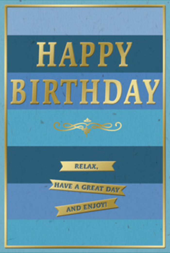 This birthday card features a beautifully balanced interplay of cool blue tones and radiant gold accents, evoking the sense of a peaceful pause amid the movement of Kings Cross. The background is made up of generous, horizontal blue stripes, each band a different shade yet softly graded into the next. From the top, a deep midnight navy gradually eases into denim, then richer ocean blues and teal, before settling into a light, serene sky blue at the bottom. The colours feel layered and expansive, suggesting an open sky or calm water, and the matte finish appears smooth and velvety, softening any harsh reflections. Centered across this sea of blue, the phrase HAPPY BIRTHDAY is embossed in large, elegant gold letters. The metallic text rises slightly from the surface, catching available light like sunlight brushing the clock face at St Pancras, adding a quiet sense of occasion. Just under the main greeting, a graceful gold flourish sweeps from side to side, a decorative motif that introduces a touch of romance and classic style. In the lower third of the card, three slim golden banners are set one above the other, perfectly aligned, each carrying a line of warm sentiment: Relax, have a great day and enjoy! The banners shine with a fine metallic sheen and appear gently raised, giving the design a tactile richness. A fine gold border encloses the entire composition, acting as a subtle frame that draws the viewer's gaze inward. You can easily picture this card standing beside a hand-tied birthday arrangement in a Kings Cross home or office, offering not just congratulations but a moment to slow down, breathe, and truly enjoy the day.