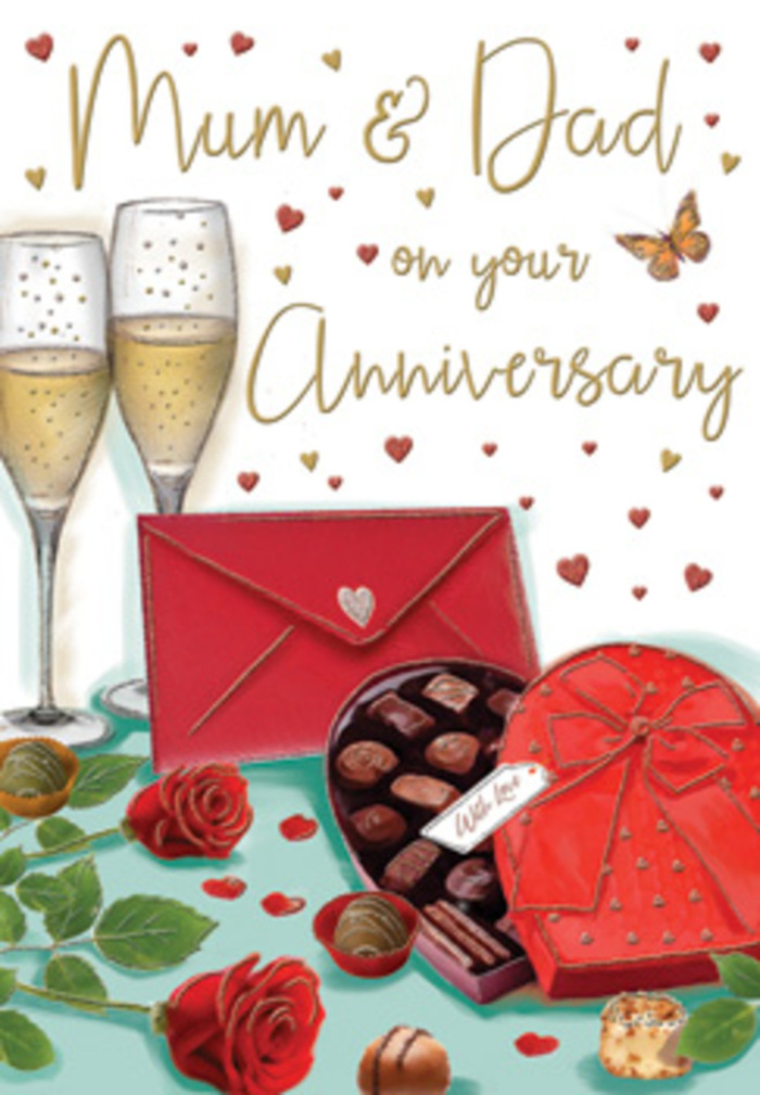 In this richly detailed anniversary card artwork, the scene feels like a lovingly curated arrangement set on a table near Kings Cross, moments before an intimate family toast. In the foreground, a pair of red roses command attention, their petals densely layered and richly coloured, every fold painted to suggest velvety softness. The roses are accompanied by lush, dark green leaves that extend outward in gentle arcs, adding organic movement and texture, as though they've just been trimmed and placed there by an experienced florist. To the side, a striking heart-shaped box of chocolates in bold crimson sits with its lid slightly open. The box is adorned with an opulent red bow, whose loops and tails cast gentle shadows that imply thick, high-quality ribbon. Inside, an assortment of chocolates is carefully arranged, each piece rounded and smooth, inviting the viewer to imagine their creamy centres. Behind this, two tall champagne glasses stand side by side, filled with golden sparkling wine that glows softly, like late-afternoon sun on the brickwork around Coal Drops Yard. Fine bubbles rise through the liquid, captured in mid-motion, evoking the anticipation of raising glasses in honour of years spent together. Scattered across the design are tiny hearts in shades of gold and red, along with a hand-lettered Mum & Dad message that roots the scene in family affection and gratitude. A scarlet envelope, neatly sealed, rests nearby, hinting at thoughtful words penned for the occasion. The composition balances romantic richness with cosy elegance, echoing the way people across Kings Cross and the surrounding streets celebrate anniversaries with flowers, treats, and heartfelt cards.
