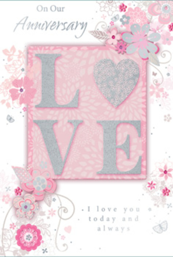 The anniversary card portrayed here feels like a gentle breath of light entering a quiet Kings Cross flat on a bright morning. At its centre, the word LOVE is rendered in graceful capital letters, each one embossed and coated with a frosted glitter finish that catches and scatters light in a delicate, refined way. Running fingertips across the letters would reveal a pleasant, slightly grainy texture, almost like tracing the veins of a rose petal. Framing this central motif, wispy, hand-drawn blooms stream along the top and sides of the card, drifting as if carried by a soft breeze funnelled through the streets leading down from the station. The flowers are painted in a harmony of blush pinks, lilac tones, and creamy ivory, their petals outlined with the lightest of lines, giving them a dreamy, almost whisper-like presence. Slender sprays of leaves and looping filigree strokes intertwine with the blossoms, creating a sense of movement that recalls the careful art of arranging a bouquet so that each stem falls naturally into place. Nestled among these flourishes are tiny, almost-hidden butterflies and delicate leaf clusters, suggesting small, joyful surprises discovered in an urban garden tucked behind Kings Cross townhouses. The background is a soothing wash of pale pink, providing warmth and cohesion without overwhelming the design. Gently set within the floral frame, the words I love you today and always appear in a simple yet elegant typeface, inviting a quiet pause of gratitude. Altogether, the card feels like a hand-tied bouquet expressed on paper-soft, sincere, and artfully composed, ideal for marking another shared year in the fast-paced rhythm of life around Kings Cross.
