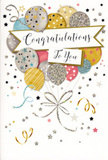 The congratulations card in this image captures the atmosphere of a quiet yet joyful celebration, the kind you might share in a Kings Cross loft after a long-awaited success. A bouquet of illustrated balloons fills most of the card's front, rising together in a harmonious cluster. Their shapes are plump and rounded, with edges softened to suggest a gentle glow, like balloons lit by warm indoor light. The colour palette is sophisticated and uplifting: champagne and antique gold mingle with polished silver, cooled by touches of sky blue and balanced by blush pink and muted grey. Each balloon is adorned with miniature metallic details-tiny star constellations, fine glitter-like speckles, and slim stripes-that appear to shimmer, hinting at the tactile feel of embossed or foil-printed accents beneath the fingers. From this radiant cluster, trailing ribbons unwind in slender streams of gold and silver, curling and looping in a relaxed, natural way that calls to mind the finishing touches added to a gift or bouquet at a local Kings Cross florist. Suspended across the centre, a pale banner glides gracefully over the balloons, bearing the words Congratulations To You in flowing, calligraphic handwriting that communicates warmth and sincerity. Scattered around, small metallic stars and gently curling ribbon motifs float against a softly tinted background, like confetti captured mid-fall after a celebratory toast at a nearby canal-side bar. The overall feeling is one of airy delight and genuine pride-a card ready to accompany fresh flowers delivered throughout Kings Cross when you want to mark promotions, graduations, or meaningful personal achievements with understated elegance and heartfelt joy.