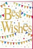 The card shown here captures the spirit of a joyful celebration in a compact, beautifully balanced design, perfectly suited to the dynamic feel of Kings Cross. At its centre, the words Best Wishes appear in elegant, sweeping gold script, the letters slightly raised to create a tactile, embossed effect. The metallic gold ink shimmers softly when the light hits it, evoking the warm gleam of sunset reflecting off the glass buildings around Kings Cross station. This central message sits on a pure white background, ensuring it remains the focal point of the composition. Curving gently above and below are strings of decorative bunting, as if they've been strung for a small street festival beside the canal. Each triangular pennant is painted in bright, happy colours-deep blues, rich reds, bright greens, sunny yellows, and softer pastel shades-with individual flags featuring subtle designs like stripes, spot patterns, and tiny geometric motifs. Some of the bunting carries a suggestion of sparkle or metallic accents, giving a feeling of light-dusted glitter that catches the eye. Between the bunting strands float small star icons and rounded confetti dots, arranged in a loose scatter that gives the impression of motion, as if a soft breeze has stirred them. These shapes echo the same lively palette, adding layers of colour without overcrowding the scene. Together, these elements create an atmosphere of warmth, optimism, and support-perfect for congratulating someone on a promotion nearby, sending best wishes for a new home in the area, or marking a special achievement. The card feels like a quiet but heartfelt cheer, just waiting to be slipped alongside fresh flowers for delivery across Kings Cross and the neighbouring WC1 streets.