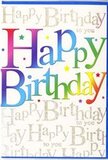 In this image, a beautifully crafted birthday card takes centre stage, its design bright and festive in a way that mirrors the buzz around Kings Cross on a sunny day. Prominently across the front, the words Happy Birthday appear in large, rounded letters, each one washed with a smooth, multicolour gradient. The colours drift from deep cherry red into warm tangerine, golden yellow, lively green, clear aqua, and rich sapphire, blending together like the harmonious tones of a thoughtfully arranged ceremonial bouquet. The letters seem to float on a soft, creamy background that is intricately layered with fine golden handwriting. In delicate, looping script, the phrase Happy Birthday to you is repeated again and again, creating a subtle pattern that shimmers as the light hits it, much like reflections along the canal near Granary Square at dusk. The metallic gold ink adds a refined sparkle, suggesting a slightly textured, luxurious finish while remaining understated. Tiny starbursts and small dots of colour are scattered sparingly between the words and towards the corners, giving the impression of confetti gently drifting down at the end of a party. The overall mood is cheerful, polished, and generous, combining playful colour with elegant detailing. It feels like the ideal card to accompany a hand-delivered bouquet arriving at an apartment near St Pancras or an office around Battle Bridge Place, the kind of greeting that turns an ordinary birthday into a memorable occasion and looks just as beautiful on display as it did the moment it was opened.
