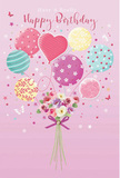 This birthday image captures a whimsical bouquet that looks ready to drift across the skyline of Kings Cross, a playful fusion of balloons and flowers on a blush-pink backdrop. A lively gathering of pastel balloons rises at the centre, each one slightly different in colour and pattern: some swirl with candy-like stripes, others are dotted with cheerful polka dots, and a few carry delicate floral flourishes. The palette is soft and welcoming-dusty pink, mint, pale lemon, and lavender shimmer like reflections in the canal by Granary Square. Nestled at the base, a hand-tied bouquet of roses and anemone-style blooms gathers closely, petals soft and layered in creamy ivory, blush, and muted mauve. You can almost feel their gentle texture and imagine a light, comforting fragrance, like flowers placed in a bright Kings Cross studio on a birthday morning. The stems are neatly bound with a violet satin bow, its ribbon trailing softly, echoing the graceful curves of the balloon strings. Around the design, small star shapes and delicate butterflies scatter as though carried on a breeze drifting from the station concourse, lending a fairy-tale touch to the whole composition. Gentle light falls from one side, catching the shining balloons and highlighting the curves of each petal, creating a sense of depth and quiet joy. It feels like a scene conceived by a skilled Kings Cross florist, capturing not just the look of a birthday bouquet, but the feeling of a celebration about to begin-light, joyful, and full of affection for the person receiving it.