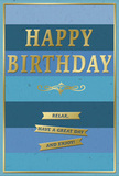 An understated yet luxurious birthday card is shown, its front washed in layered blues and finished with touches of glowing gold that would look right at home on a windowsill near Kings Cross. The design is built from wide, horizontal stripes of blue, each a slightly different tone. Deep navy crowns the top, followed by moody denim, soft ocean blue, and hints of teal, ending with a gentle sky blue at the base. These shades flow into one another in a smooth ombré, giving the impression of distant horizons or a calm evening sky above the station lights. Dominating the centre, the words HAPPY BIRTHDAY are rendered in tall, embossed gold letters. The metallic finish has a soft sheen, catching available light so the greeting appears almost to glow against the restful blues. Just below this, a slim golden flourish runs horizontally, an elegant curl that separates the main message from the wording beneath. In the lower section, three gold banners are stacked tidily, each one lightly raised and inscribed with the inviting phrase: Relax, have a great day and enjoy! Their polished gold surface stands out clearly, providing both a visual and tactile contrast to the matte blue background. A fine gold line outlines the whole card, giving it a framed, complete appearance, like a piece of artwork. The overall impression is of calm sophistication and heartfelt warmth-the sort of birthday card you might pair with fresh flowers delivered around Kings Cross, offering someone special a gentle reminder to take time for themselves and savour their celebration.