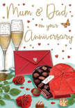 This illustrated anniversary card presents a warm, romantic scene that could easily be unfolding in a Kings Cross home after a surprise delivery. The focal point is a pair of deep red roses, laid gently on a smooth surface, their velvety petals unfurling in tight, layered spirals that convey both beauty and longevity. Surrounding the blooms, rich green foliage adds contrast and structure, much like a hand-tied bouquet laid out on a florist's counter near York Way. Next to the roses rests a bold red heart-shaped box of chocolates, wrapped in an elaborate bow whose satin loops catch the light. The lid is propped open to reveal an inviting selection of rounded chocolates inside, suggesting shared moments of indulgence and sweetness. Behind this arrangement, two graceful champagne flutes stand closely together, filled with golden bubbly that sparkles softly, as if catching the glow of city lights reflected off the canal by Granary Square. Tiny bubbles rise within the glasses, frozen just as a toast is about to be made. Scattered across the design are delicately drawn hearts in gold and crimson, drifting around hand-lettered words dedicated to Mum & Dad, which infuse the scene with family warmth and appreciation. Off to the side, a vivid scarlet envelope, neatly sealed, rests in quiet readiness, hinting that a carefully written message of love and gratitude is tucked inside. The entire composition, with its reds, golds, and gentle lighting, creates an atmosphere of celebration, intimacy, and enduring affection-exactly the kind of feeling families around Kings Cross hope to express on a special anniversary.